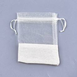 Creamy White Organza Bags, with Burlap Cloth, Drawstring Bags, Rectangle, Creamy White, 17~18x12.4~13cm