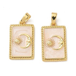 Персиковый Слойка Латунь эмаль подвески, прямоугольник с солнцем и луной, реальный 18 k позолоченный, розовые, 20x12x2 мм, отверстие : 4x3 мм