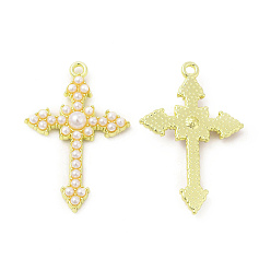 Light Gold Стойки подвески обшивки сплава, с абс пластмассовым жемчужным бисером, без кадмия, без никеля и без свинца, крест прелести, золотой свет, 34.5x23x5 мм, отверстие : 1.6 мм
