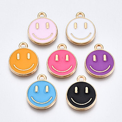 Mixed Color Alloy Enamel Charms, Cadmium Free & Lead Free, Smiling Face, Light Gold, Mixed Color, 14.5x12x1.5mm, Hole: 1.5mm