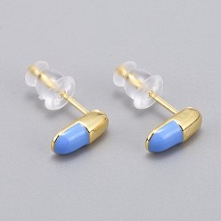 Васильковый Серьги-гвоздики из латуни, с пластиковыми гайками уха, долговечный, овальные, реальный 18 k позолоченный, васильковый, 8.5x4 мм, штифты : 0.8 мм