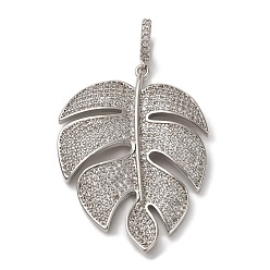 Платина Латунные микро проложить кубического циркония подвески, талисманы листьев монстеры, стойки покрытие, прочное покрытие, без кадмия и без свинца, платина, 41.5x31x4 мм, отверстие : 4x5.5 мм