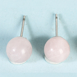 Розовый Кварц Серьги-гвоздики из натурального розового кварца, круглые, серебряные, 20x8 мм