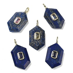Ляпис-Лазурь Граненые подвески из натурального лазурита, шестиугольные подвески с латунными микропаве и фианитами кубического циркония случайного цвета, золотые, 32x15.5x7 мм, отверстие : 4x2 мм
