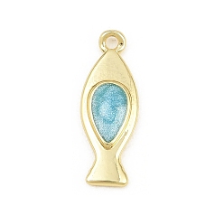 Azul Colgantes de latón, encantos de pescado, con esmalte, sin plomo y cadmio, chapado en rack, larga duración plateado, real 18 k chapado en oro, azul, 20x7x2.5 mm, agujero: 1.5 mm
