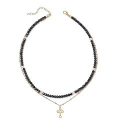 Cross 304 подвески-цепочки из нержавеющей стали с вишневым кварцевым стеклом и стеклянными ограненными круглыми бусинами с двойным слоем, золотые, чёрные, крестик, 16.14 дюйм (41 см), Кулон : 19x12x1 мм