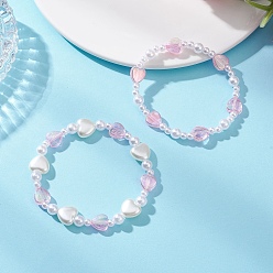 Pink 2Шт. эластичные браслеты из искусственного жемчуга и акриловых бусин из АБС-пластика для девочек, сердце, розовые, бусина : 4 мм и 6 мм, внутренний диаметр: 2-1/4 дюйм (5.6 см)