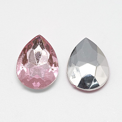Pink Acrylic Rhinestone Pointed Back Cabochons, Faceted, Bottom Silver Plated, teardrop, Pink, 18x13x4.5~4.8mm