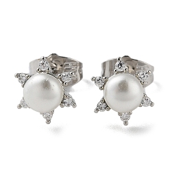 Platinum Brass Rhinestone Sun Stud Earrings with Glass Pearl, Platinum, 9x10mm
