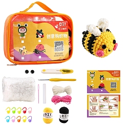 Bees Наборы для вязания своими руками для начинающих, включая шерстяную пряжу, инструкции, игла, маркеры для вязания, крючок для вязания, волокнистый наполнитель, резать ножницами, Пчелы, сумка: 18x6.5x13 см