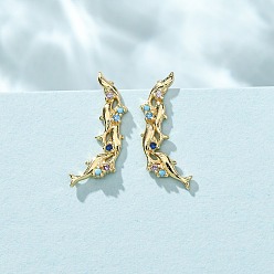 Colorful Brass Pave Cubic Zirconia Stud Crawler Earrings, Dolphin, Real 18K Gold Plated, Cadmium Free & Lead Free, Long-Lasting Plated, Rack Plating, Colorful, 17.5x6x5.5~6mm