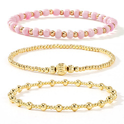 Pink 3Штукатурные браслеты из круглых бусин из стекла и латуни, эластичные., составные браслеты для женщин, золотые, розовые, 6.50 дюйм (16.5 см) ~ 6.89 дюйм (17.5 см)