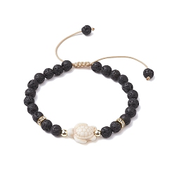 Turtle Регулируемые браслеты из круглых бусин из натуральной лавы диаметром 6 мм, плетеные из бусин, Летние пляжные браслеты из синтетической бирюзы для женщин, черепаха, внутренний диаметр: 2~3 дюйм (5~7.6 см), Черепаха: 17x14.5x6.5 мм