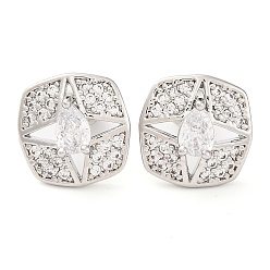 Прозрачный Квадратные серьги-гвоздики с кубическим цирконием из латуни для женщин, платина, прозрачные, 13x13 мм