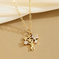 Golden Brass Pave Clear Cubic Zirconia Flower Bouquet Pendant Alloy Cable Chain Necklaces for Women, Golden, 15.75 inch(40cm)