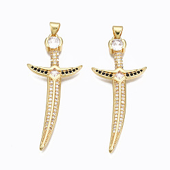 Настоящее золото 16K Кулоны из латуни с прозрачным кубическим цирконием, без никеля , меч, реальный 16 k позолоченный, 48.5x21x3 мм, отверстие : 3x5 мм