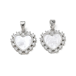 Platinum Brass Micro Pave Clear Cubic Zirconia with White Acrylic Charms, Heart Charms, Platinum, 15x15x2mm, Hole: 5x2mm