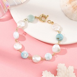 Golden Armbänder aus natürlichen Larimar- und Keshi-Perlen, golden, 7.28 Zoll (18.5 cm)