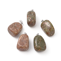 Unakite Natural Unakite Pendants, with Platinum Tone Brass Findings, Nuggets, 23~30x13~22x12~20mm, Hole: 5x3mm