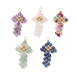 Mixed Stone Natural Mixed Stone Copper Wire Wrapped Pendants, Arrow Charms with Brass Beads, Golden, Mixed Color, 39~41x20x4mm, Hole: 4mm
