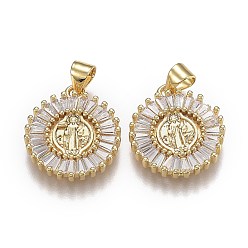 Real 18K Gold Plated Brass Micro Pave Clear Cubic Zirconia Pendants, Long-Lasting Plated, for Buddhist, with Snap on Bails, Flat Round & Buddha, Real 18K Gold Plated, 18.5x16.5x2.5mm, Hole: 5mm