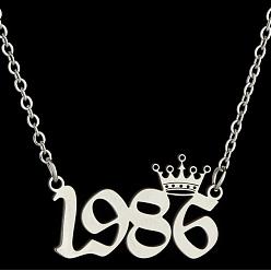 Number Год рождения короны 201 ожерелья из нержавеющей стали для женщин, цвет нержавеющей стали, число 1986, 17.72 дюйм (45 см)