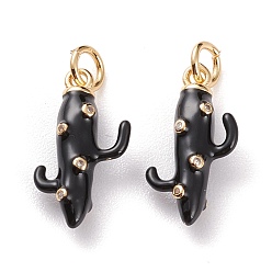 Черный Латунные микропаве прозрачные подвески с фианитом, с прыжковых колец, с эмалью, кактус, реальный 18 k позолоченный, чёрные, 17x9x4.5 мм, Перейти кольцо: 5x1 мм, 3 мм внутренним диаметром