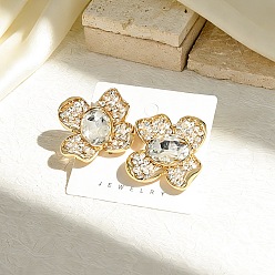 Golden Alloy Rhinestone Stud Earrings for Women, Flower, Golden, 33x31mm