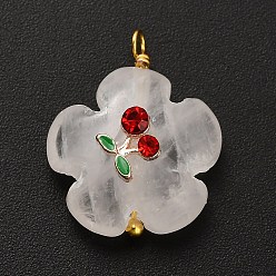 Cherry Natural Quartz Crystal Pendants, Flower Charms with Brass Pave Cubic Zirconia Enamel Fruit Findings, Golden, Cherry, 21x17x9mm, Hole: 1.8mm