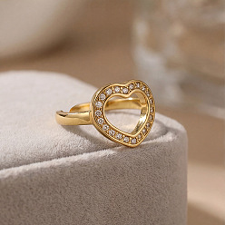 Heart 304 Stainless Steel Micro Pave Cubic Zirconia Cuff Open Rings for Women, Golden, Heart, 20mm