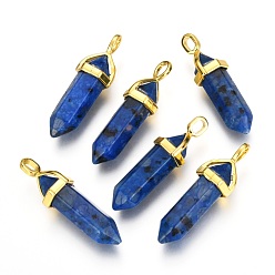 Далматинских Джаспер Кулоны из далматинской яшмы с двойной окантовкой и острым концом, с подвеской из случайного сплава с шестигранной головкой, золотые, пуля, окрашенные, синие, 37~40x12.5x10 мм, отверстие : 3x4.5 мм