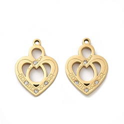 Настоящее золото 18K 304 подвески из нержавеющей стали, со стразами, сердце, ионное покрытие (ip), реальный 18 k позолоченный, 20x14x2 мм, отверстие : 1.5 мм