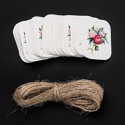 Flower Rectangle Paper Gift Tags, Hang Tags, with Jute Twine, for Wedding Party Decorate, Rose Pattern, 4x3x0.05cm, Hole: 3mm, 50pcs/bag