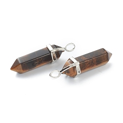 Tiger Eye Natural Tiger Eye Pendants, with Platinum Tone Brass Findings, Bullet, 39.5x12x11.5mm, Hole: 4.5x2.8mm