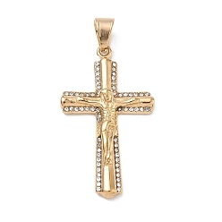Golden Easter 304 Stainless Steel Pendants, with Crystal Rhinestone, Crucifix Charms, Ion Plating(IP), Long-Lasting Plated, Golden, 46.5x27x5mm, Hole: 5.5x7mm