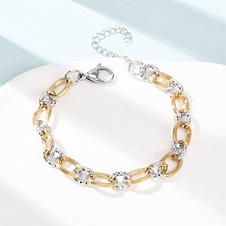 Golden & Stainless Steel Color 8MM Duo Tone 304 Stainless Oval Link Chain Bracelets, Golden & Stainless Steel Color, 7.01 inch(17.8cm)