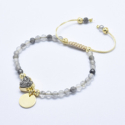 Quartz Natural Cloudy Quartz Braided Bead Bracelets, with Electroplated Natural Lava Rock Beads, Druzy Crystal, Nylon Cord and Brass Findings, Flat Round & Heart, 2-1/8 inch(5.3cm)~3-1/8 inch(8cm)