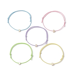 Луна Браслет из светло-золотого латуни с плетеными бусинами, регулируемый браслет из вощеного полиэфирного шнура, разноцветные, луна, внутренний диаметр: 3-1/2 дюйм (9 см), бусина : 7x5x3.5 mm