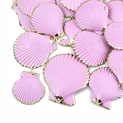 Pearl Pink Spray Paint & Electroplate Sea Shell Pendants, with Iron Findings, Light Gold, Pearl Pink, 34~56x29~48x3~10mm, Hole: 2mm