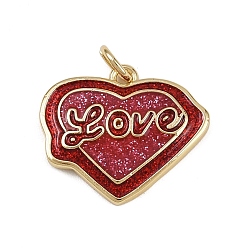 Сердце Подвески из латуни с эмалью на тему «слово любви», с блестящей пудрой и соединительным кольцом, стойки покрытие, без кадмия и без свинца, долговечный, реальный 18 k позолоченный, сердце, 16x18x2.5 мм, отверстие : 3.2 мм