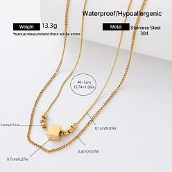 Cube 304 Stainless Steel Pendant Double Layer Necklaces, Golden, Cube, 15.75 inch(40cm)