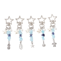 Смешанные камни Подвесные украшения из океанического сплава, с бусинами из искусственной бирюзы в форме морской звезды, натурального белого нефрита и содалита, жемчугом из ракушек и поворотными застежками из цинкового сплава в форме звезды., разнообразные, 83~93 мм