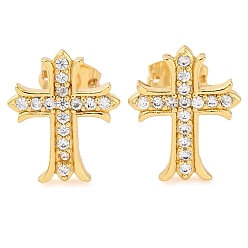 Настоящее золото 18K Серьги-гвоздики с крестообразным латунным покрытием и прозрачным кубическим цирконием, реальный 18 k позолоченный, 14x12 мм