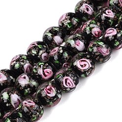 Черный Светящиеся нити из бусин ручной работы, изготовленных методом выдувания стекла и с использованием блестящей пудры., круглые, с внутренним цветок, светится в темноте, чёрные, 9.5~10 мм, отверстие : 1~1.6 мм, около 40 шт / нитка, 13.78~14.37 дюйм (35~36.5 см)