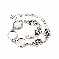 Antique Silver Alloy Bracelets & Anklets Making, Hamsa Hand Link Bracelet with Heart Charm, Blank Cabochon Setting, Antique Silver, 10-1/4 inch(25.9cm), Round Tray: 12mm