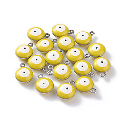 Желтый 304 из нержавеющей стали шармы эмали, плоские круглые с сглаза, цвет нержавеющей стали, желтые, 13x10x5 мм, отверстие : 1.4 мм