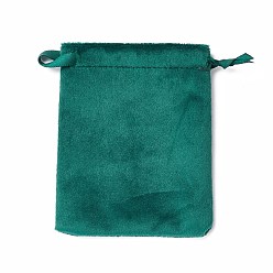 Teal Velvet Jewelry Drawstring Bags, with Satin Ribbon, Rectangle, Teal, 10x8x0.3cm