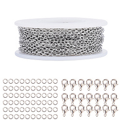 Couleur Acier Inoxydable Fabrication de bijoux de bricolage, avec 304 chaînes de câble en acier inoxydable, soudé, avec bobine, non soudée, sans plomb et sans cadmium, fermoirs mousquetons en laiton et 304 anneaux de saut en acier inoxydable, couleur inox, 3x2x0.5mm, environ 10 m / bibone , 1roll