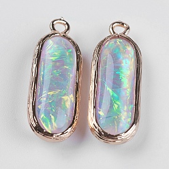 Light Green Resin Pendants, with Brass Findings, Oval, Light Gold, Light Green, 30x10.5x7mm, Hole: 1.5mm