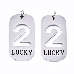 Number Non-Tarnish 201 Stainless Steel Pendants, Laser Cut, with Jump Rings, Rectangle with Number and Word LUCKY, Stainless Steel Color, Num.2, 35x17x1.5mm, Jump Ring: 6x1mm, Inner Diameter: 4mm